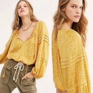 Free People Intimately All Tucks Yellow Floral Peasant Style Bohemian Bodysuit S